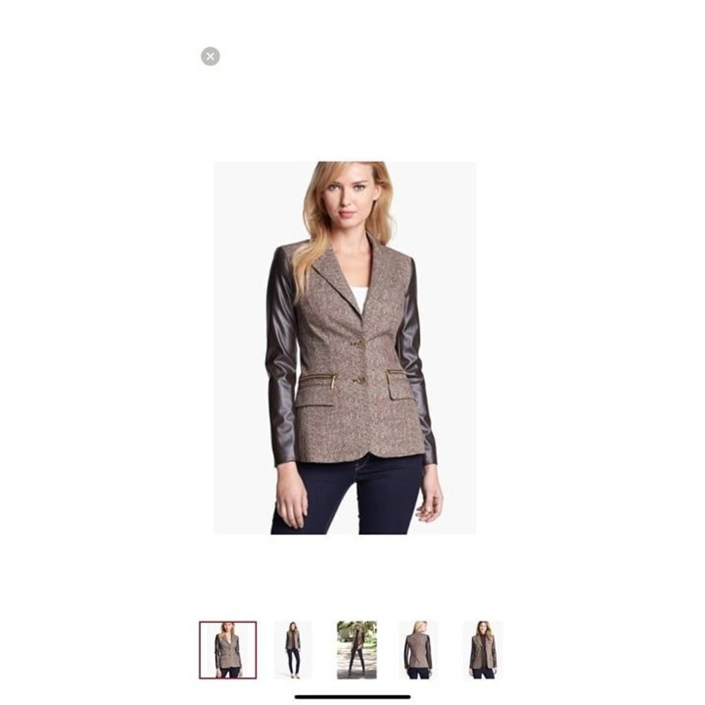 Michael Kors Women Jacket Brown Faux Leather Sleeve Tweed Size 4